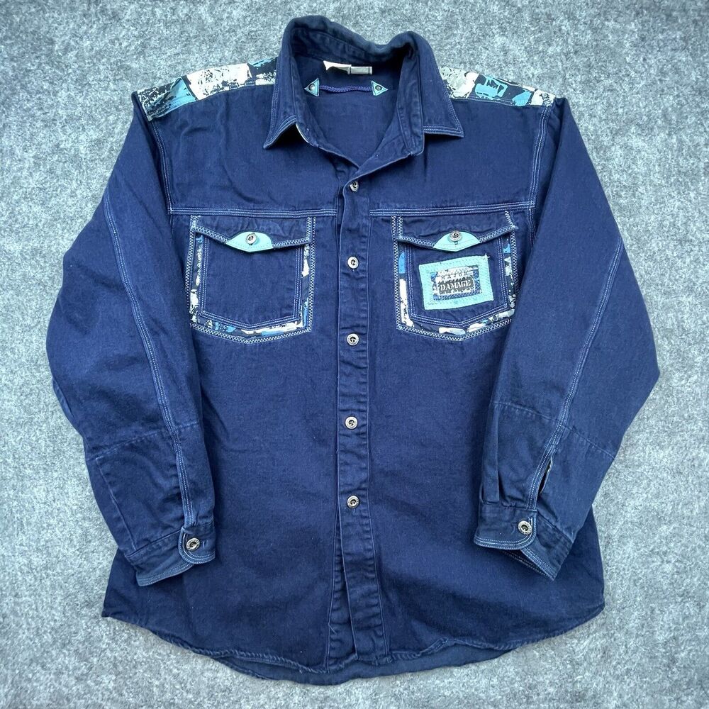 Vintage Major Damage Shirt Mens 2 Large Blue Embellished 90s Hip Hop Streetwear
